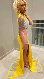 Black Girl Yellow Lace Evening Dress,Silver Lace Prom Dress, Sexy Evening Dress