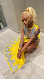 Black Girl Yellow Lace Evening Dress,Silver Lace Prom Dress, Sexy Evening Dress