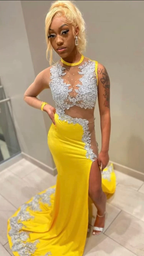 Black Girl Yellow Lace Evening Dress,Silver Lace Prom Dress, Sexy Evening Dress