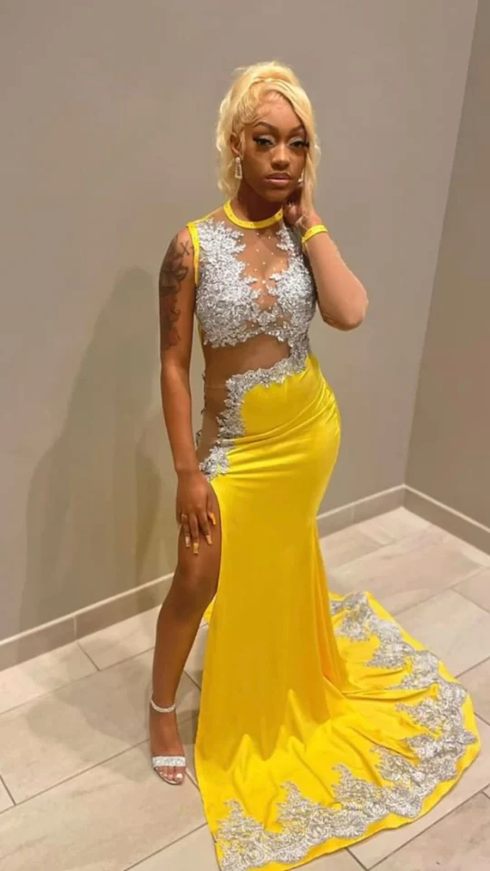 Black Girl Yellow Lace Evening Dress,Silver Lace Prom Dress, Sexy Evening Dress