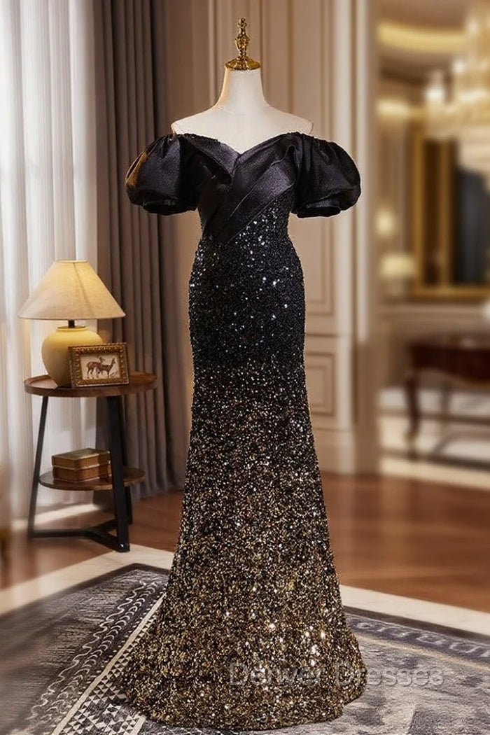 Black Gold Mermaid Sequins Off the Shoulder Prom Dress Main image
