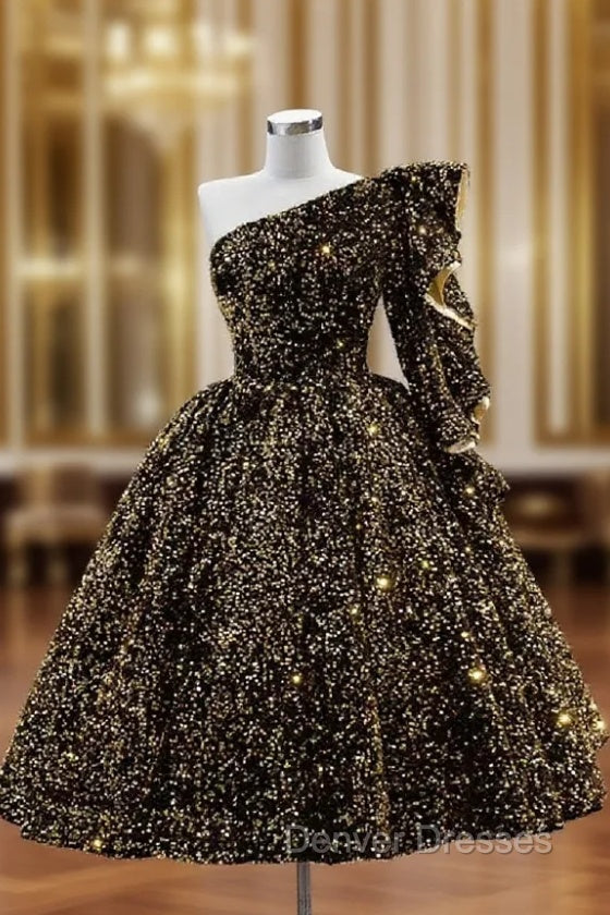 Black Gold Sequins One Shoulder Short Prom Dress