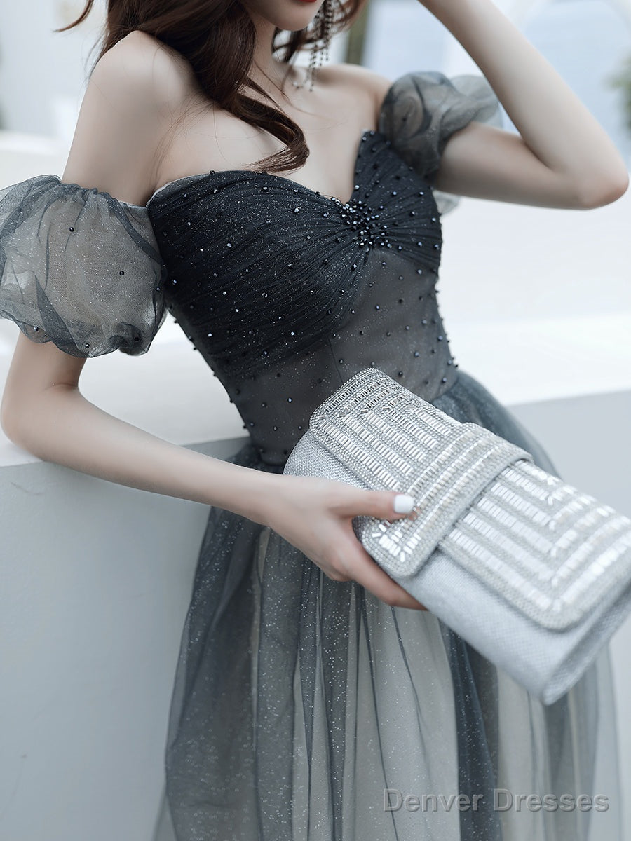 Black Gradient Sweetheart Beaded Off Shoulder Prom Dresses, A-Line Tulle Evening Dress Party Dresses