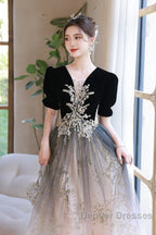 Black Gradient Tulle And Velvet Short Sleeves Party Dress, A-Line Tulle Long Formal Dress