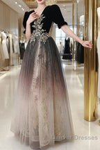 Black Gradient Tulle And Velvet Short Sleeves Party Dress, A-Line Tulle Long Formal Dress