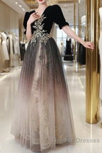 Black Gradient Tulle And Velvet Short Sleeves Party Dress, A-Line Tulle Long Formal Dress
