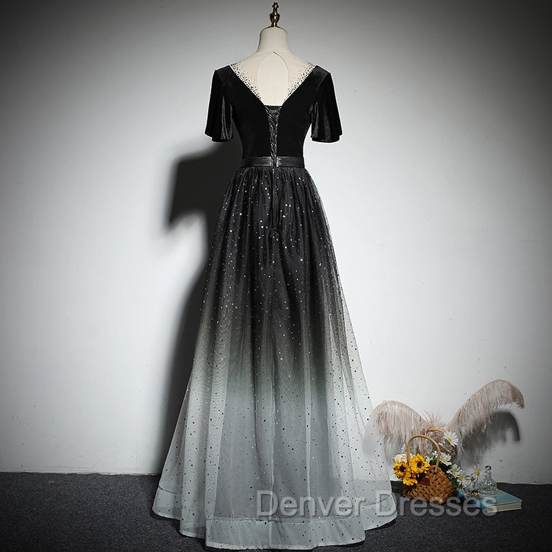 Black Gradient tulle and Velvet Short Sleeves V-neckline Tulle Party Dress, Black Tulle Prom Dress