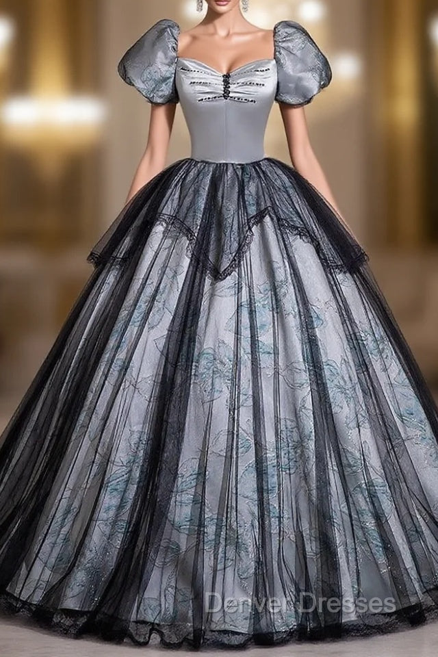 Black Gray Tulle Short Sleeve Quinceanera Dress