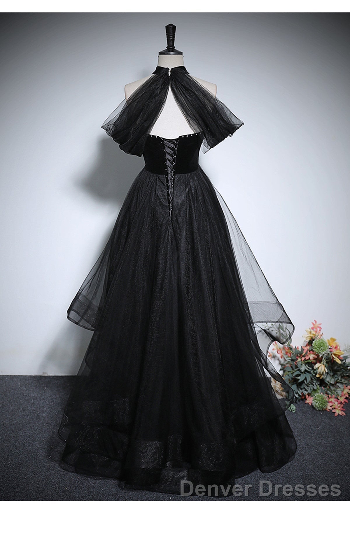 Black Haler Tulle And Velvet Long Prom Dress, Black A-Line Tulle Evening Dress