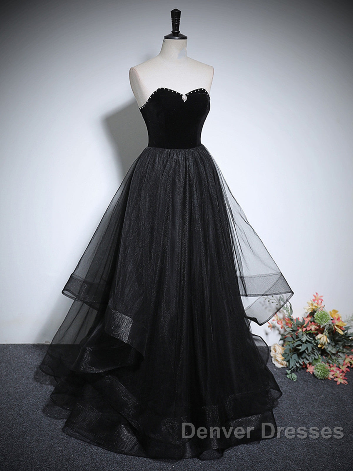 Black Haler Tulle And Velvet Long Prom Dress, Black A-Line Tulle Evening Dress
