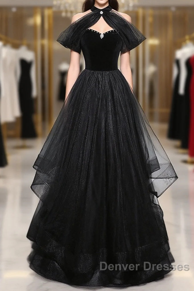 Black Haler Tulle And Velvet Long Prom Dress, Black A-Line Tulle Evening Dress Main image