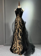 Black Halter A-Line Tulle And Sequins Evening Dress, Black Long Prom Dress Party Dress