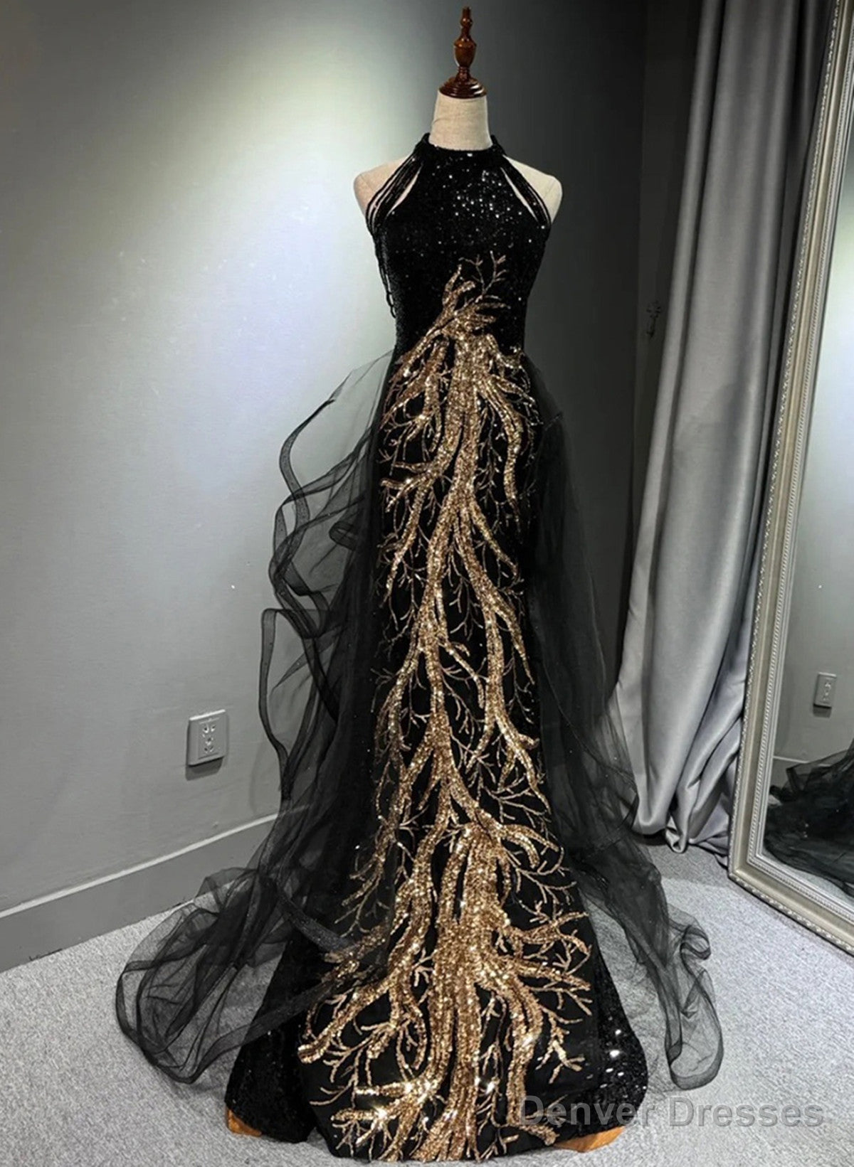 Black Halter A-Line Tulle And Sequins Evening Dress, Black Long Prom Dress Party Dress Main image