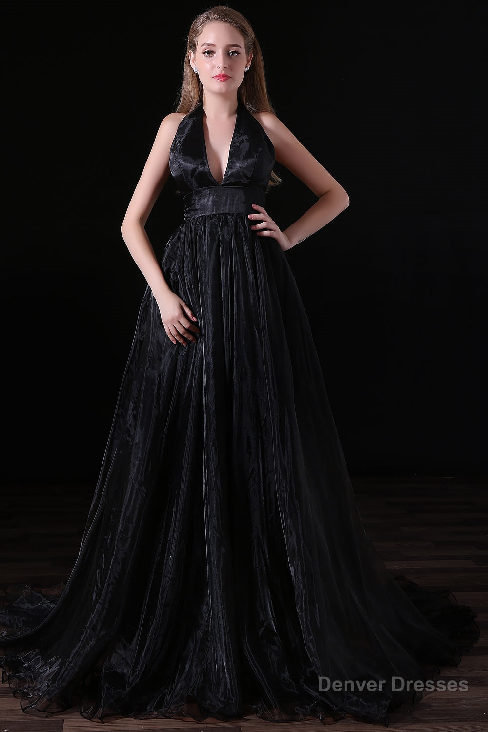 Black Halter Deep V neck Backless Tulle Floro Length Prom Dresses Secondary image