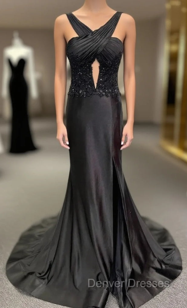 Black Halter Long Prom Dress with Corset Top and Slit Skirt