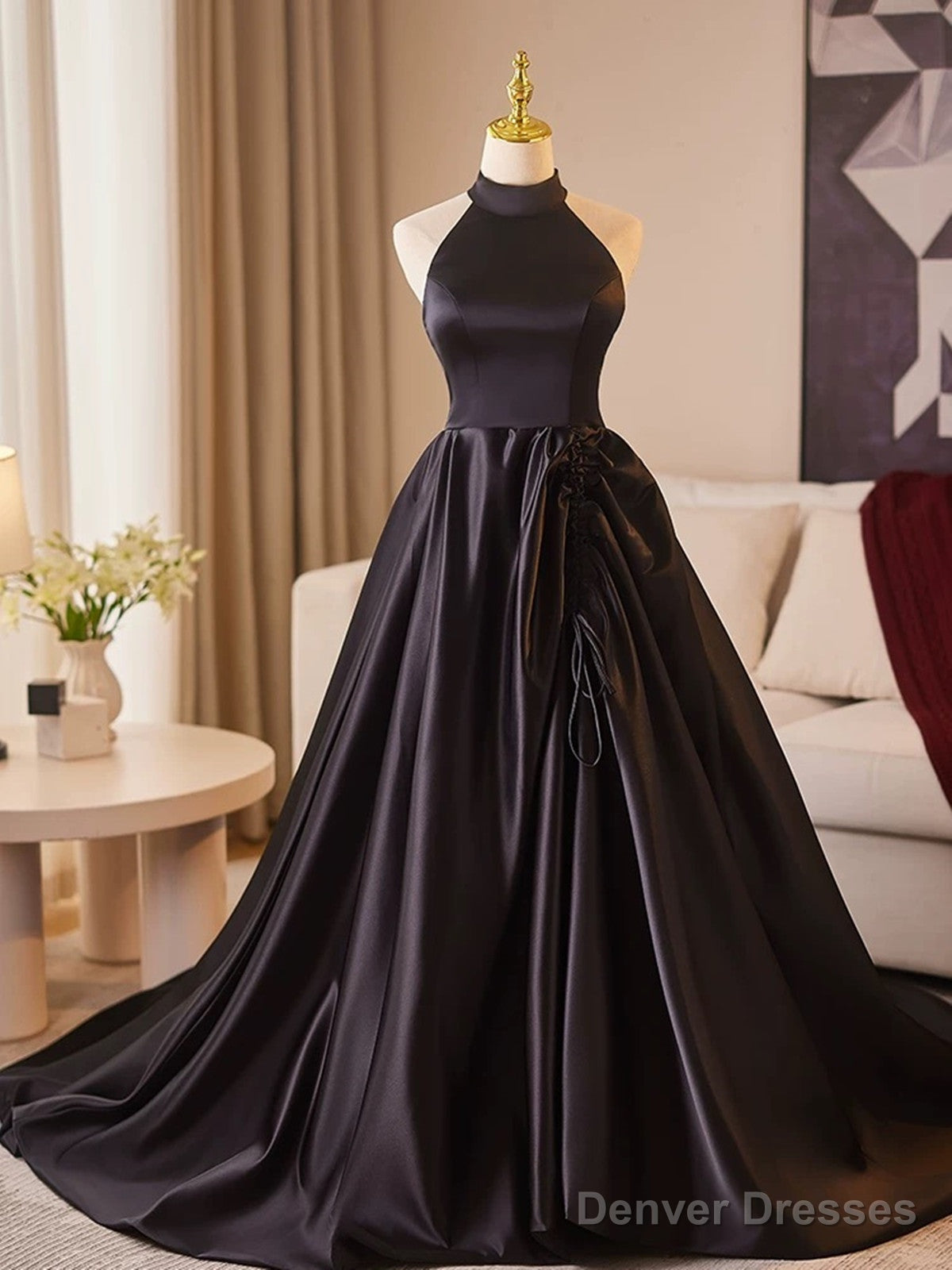 Black Halter Satin A-Line Simple Style Prom Dress, Black Satin Party Dress Main image