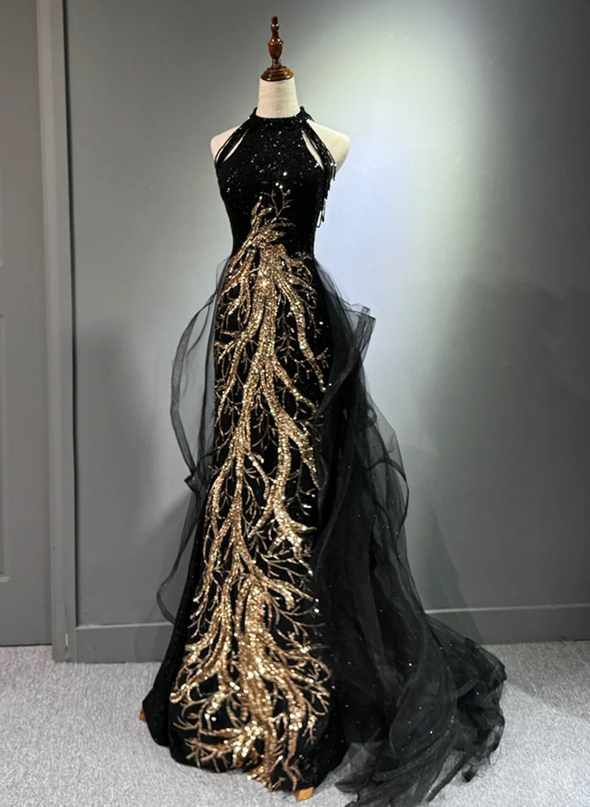 Black Halter Sequins Long Party Dress With God Lace, Black Long Evening Dress Main image