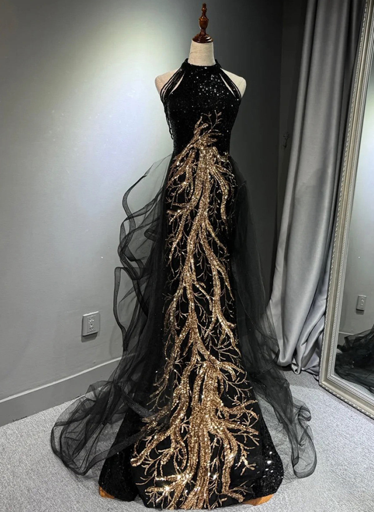 Black Halter Sequins Long Party Dress With God Lace, Black Long Evening Dress Secondary image