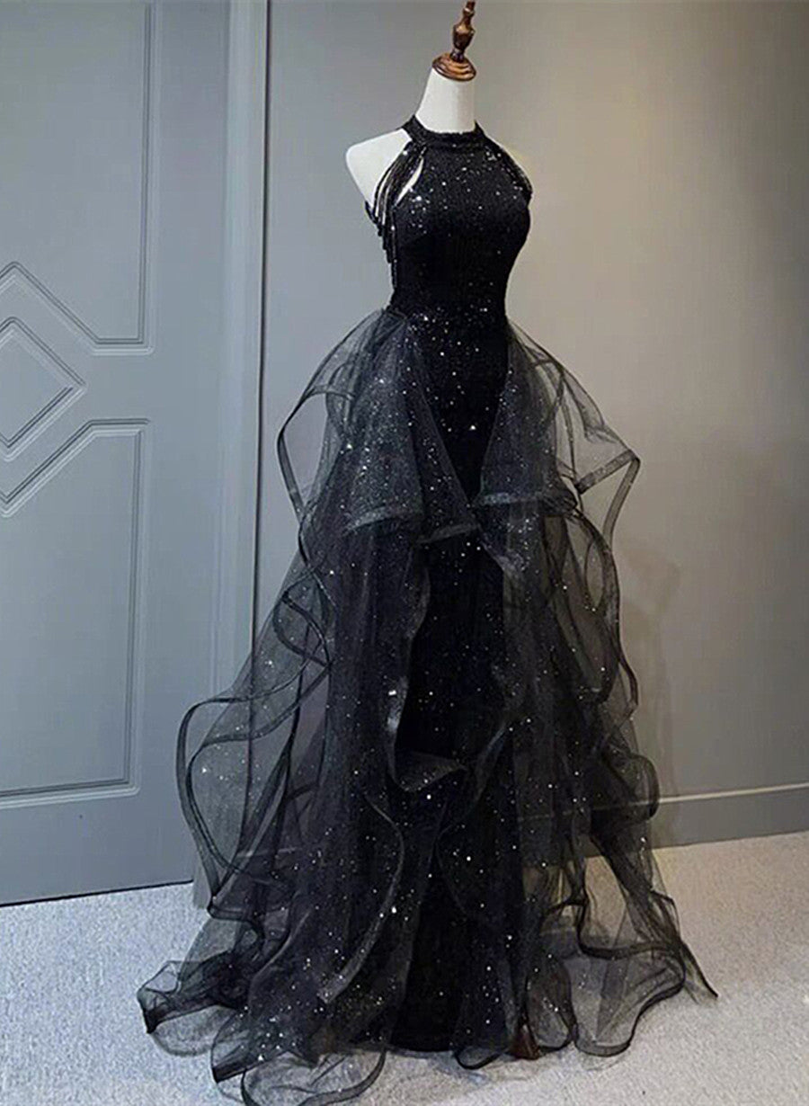 Black Halter Shiny Tulle Long Party Dress With Beadings, Black Tulle Prom Dress