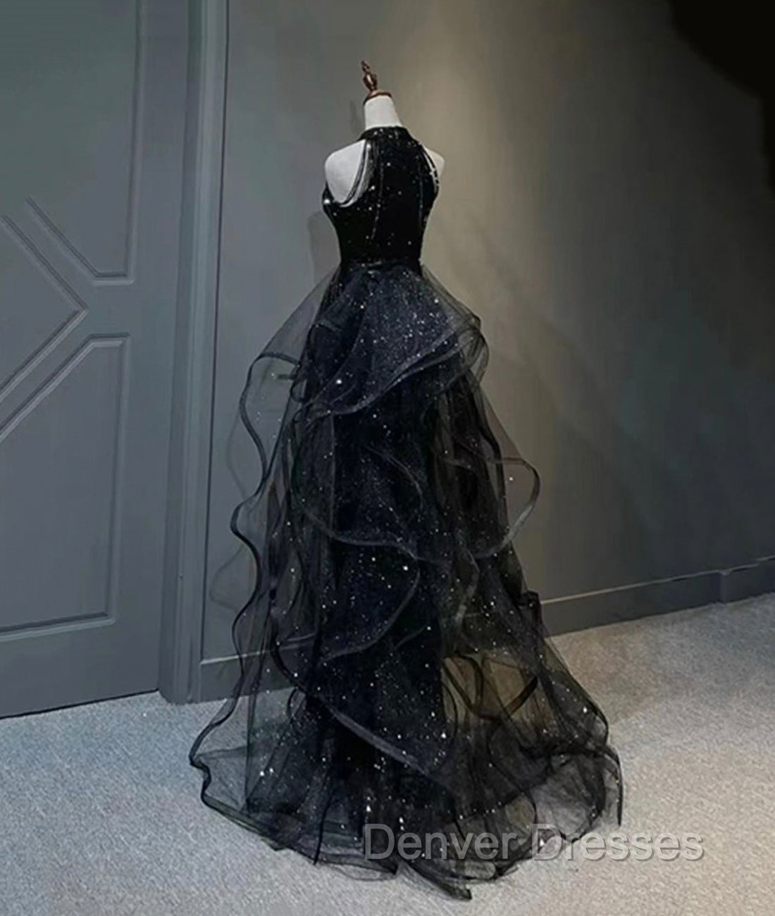 Black Halter Shiny Tulle Long Prom Dress, Black Tulle Evening Dress with Sequins Secondary image