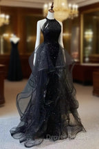 Black Halter Shiny Tulle Long Prom Dress, Black Tulle Evening Dress with Sequins