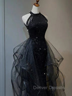 Black Halter Tulle Layers Long Prom Dress with Sequins, Black Party Dress
