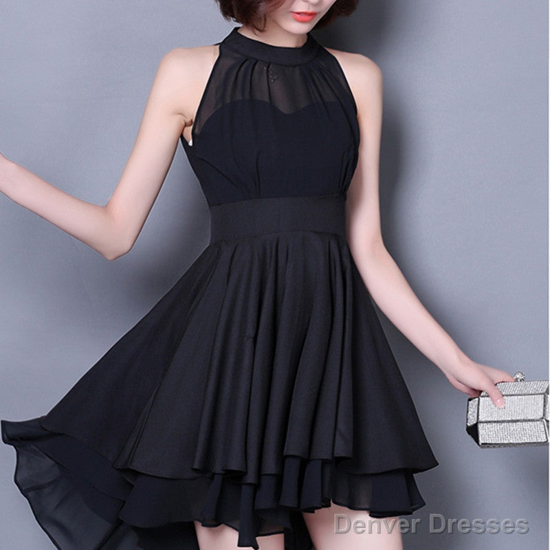 Black High Low Chiffon Halter Women Dress, Cute High Low Women Summer Dress, Black Dresses