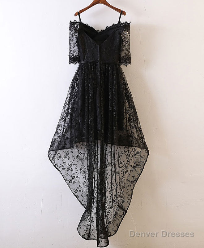 Black High Low Lace Prom Dress, Black Homecoming Dress Main image