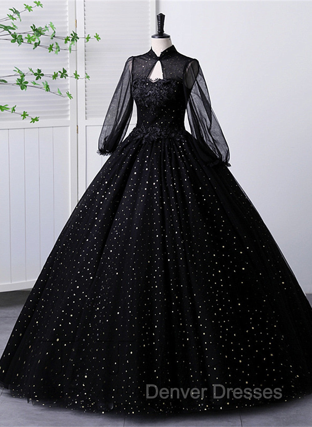 Black High Neckline Long Sleeves Tulle Sweet 16 Dress, Black Ball Gown Formal Dress Secondary image