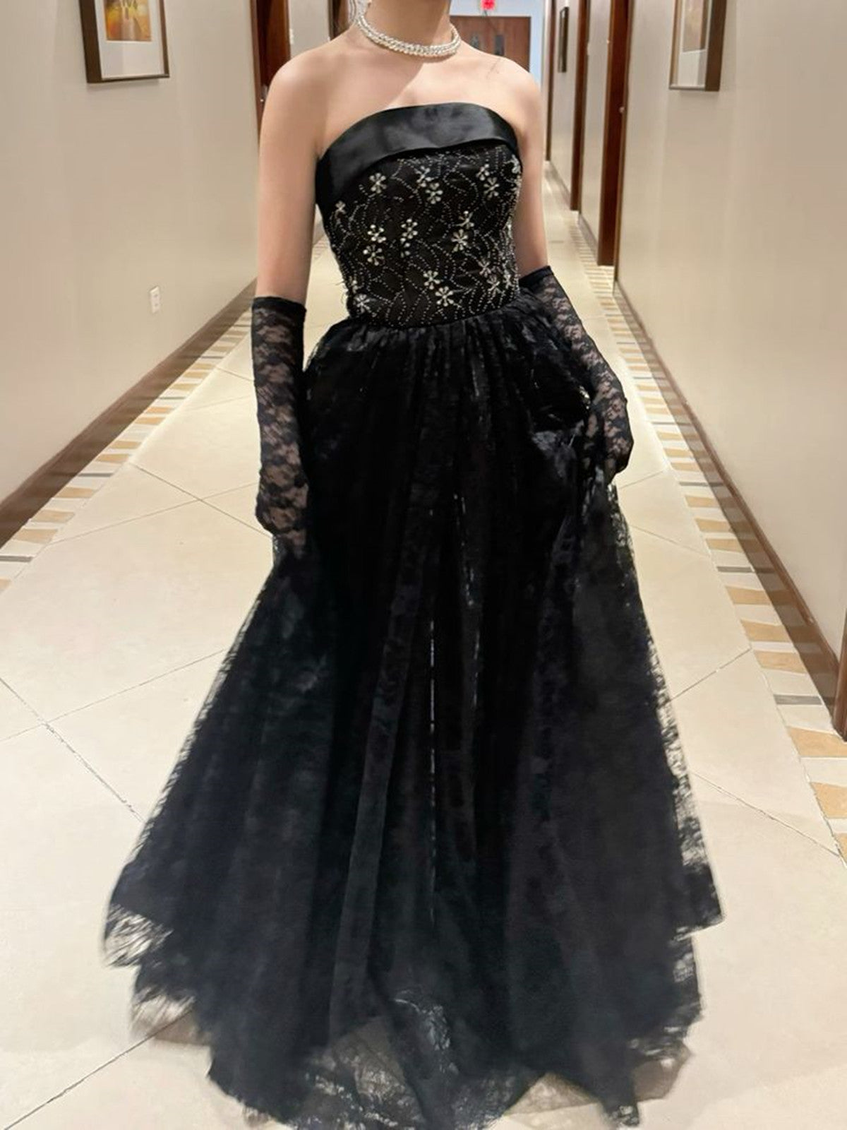 Black Lace A-Line Strapless Beaded Long Formal Dress, Black Floor Length Evening Dress
