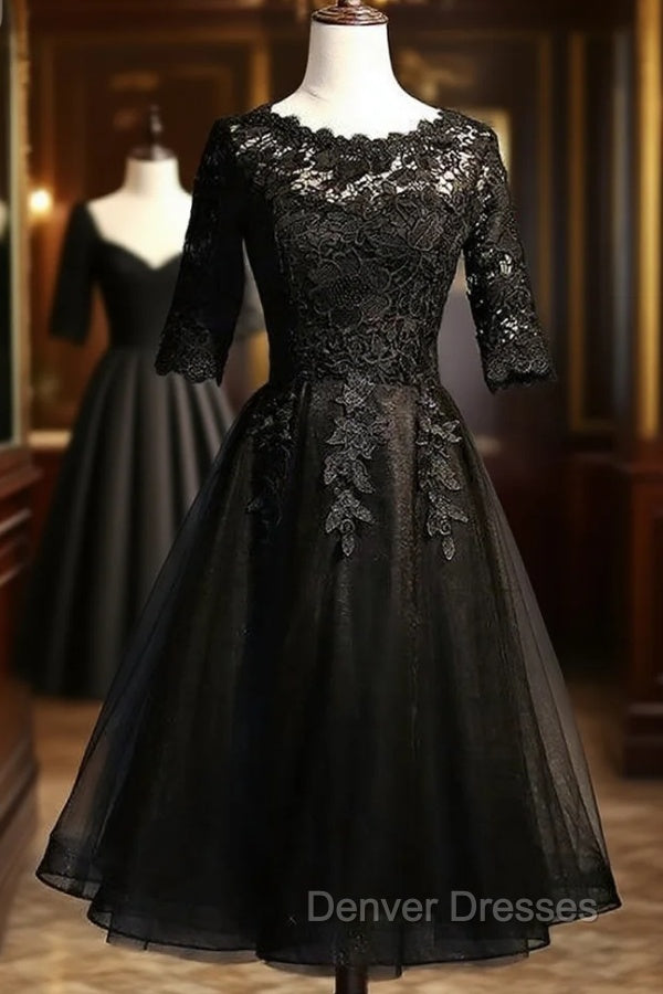 Black Lace and Tulle Short Sleeves Party Dress Formal Dress, Black Homecoming Dress Secondary image