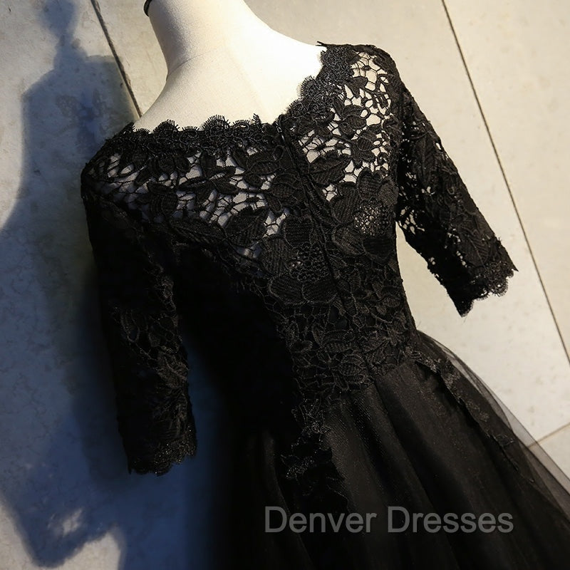 Black Lace and Tulle Short Sleeves Party Dress Formal Dress, Black Homecoming Dress