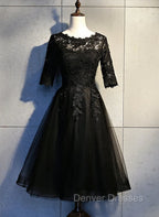 Black Lace and Tulle Short Sleeves Party Dress Formal Dress, Black Homecoming Dress