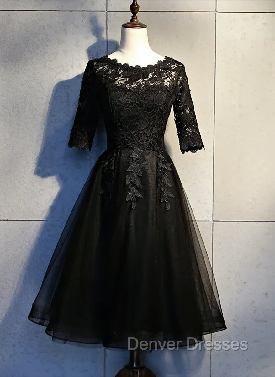Black Lace and Tulle Short Sleeves Party Dress Formal Dress, Black Homecoming Dress