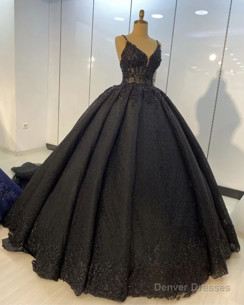 Black lace ball gown dresses for wedding , spaghetti straps prom dress Main image
