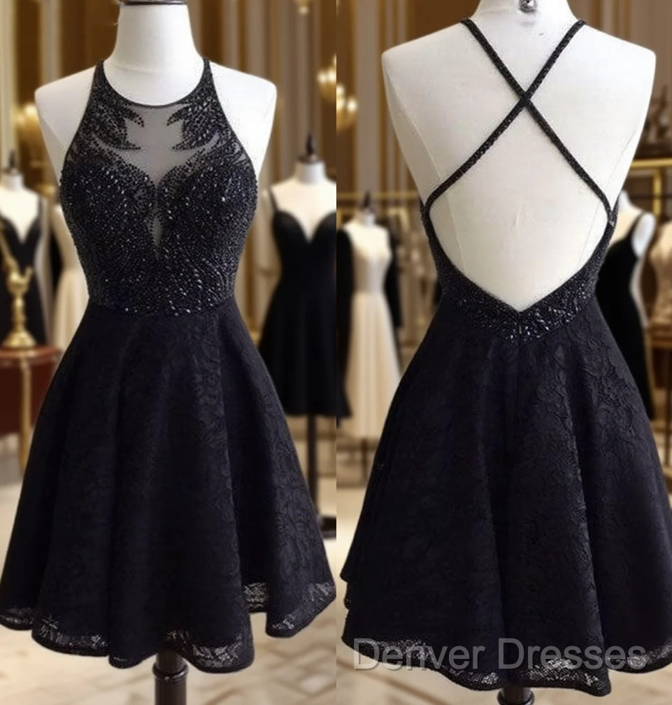 Black Lace Beaded Short Prom Dress, Cute Black Homecoming Dress Main image