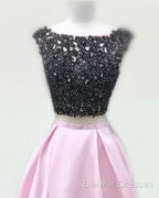 Black Lace Beaded Two Piece Satin Prom Dress
