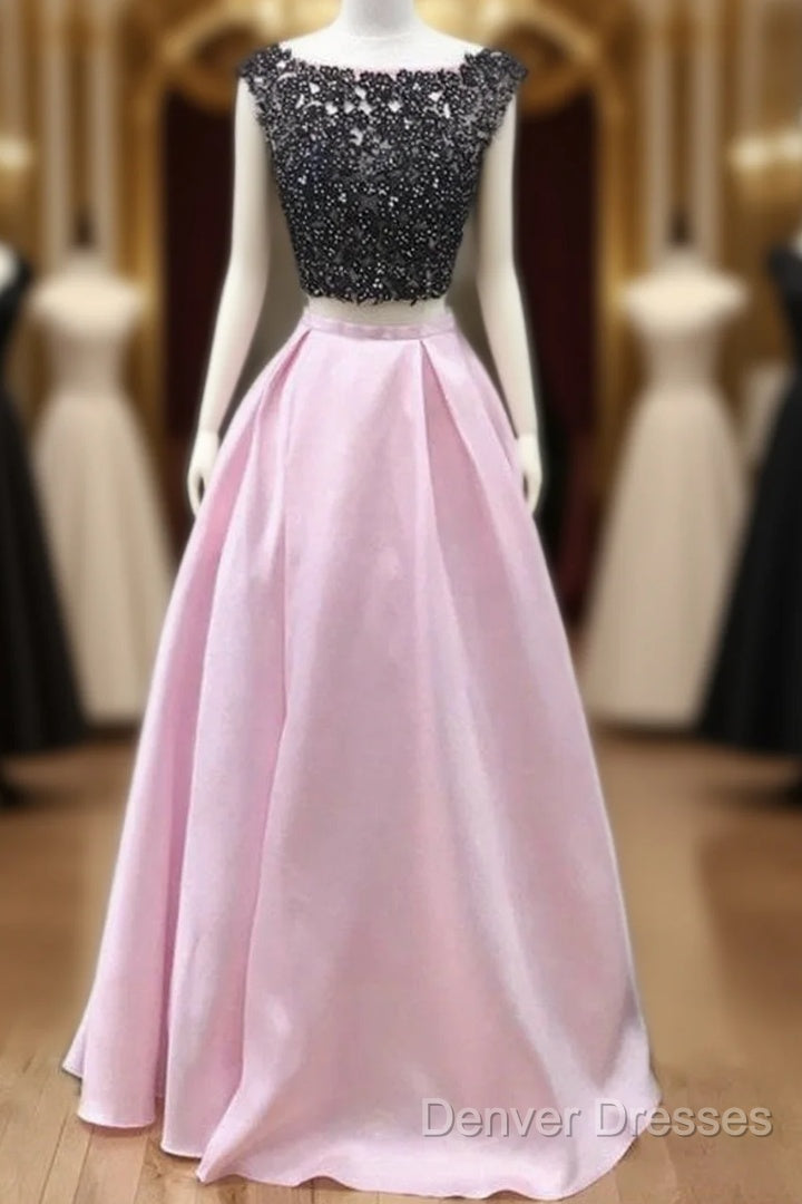 Black Lace Beaded Two Piece Satin Prom Dress