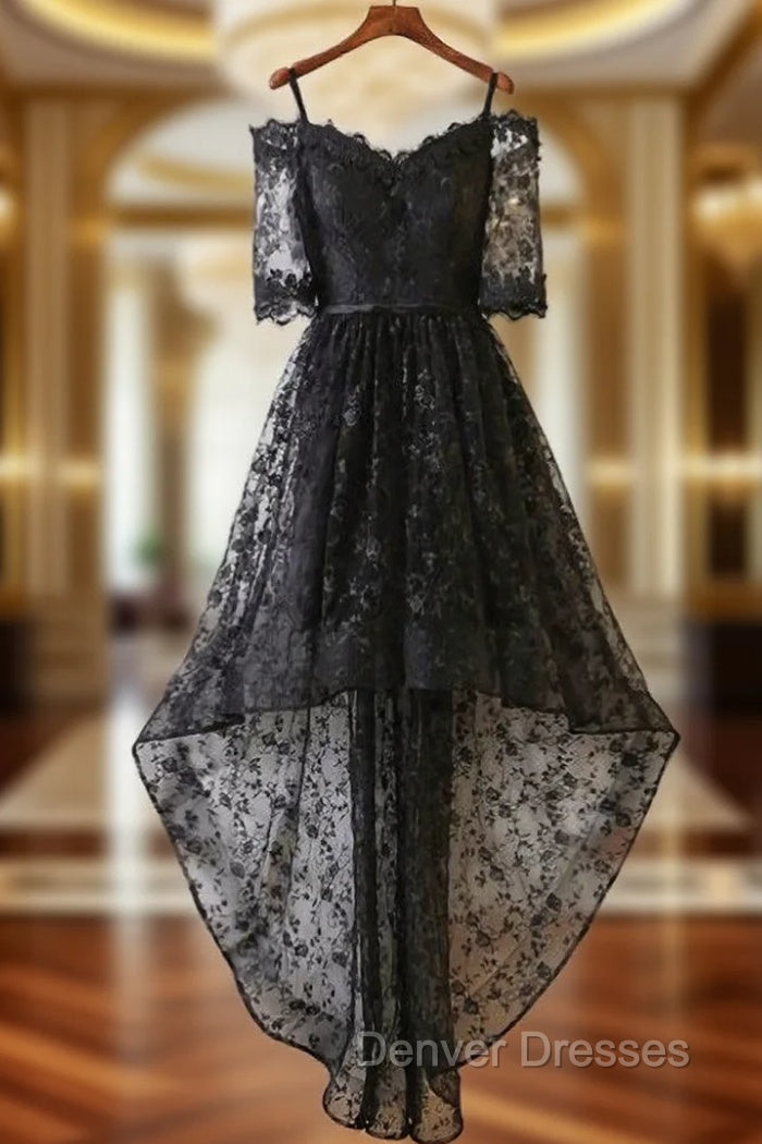 BLACK LACE EVENING DRESS BLACK LACE HIGH LOW PROM DRESS