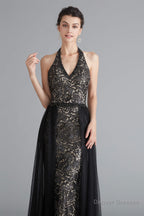 Black Lace Halter Prom Dresses with Tulle Overskirt