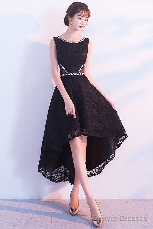 Black Lace High Low Beaded Short Party Dress, Black Homecoming Dress Prom Dress Secondary image