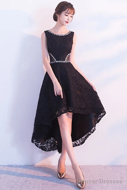 Black Lace High Low Beaded Short Party Dress, Black Homecoming Dress Main image