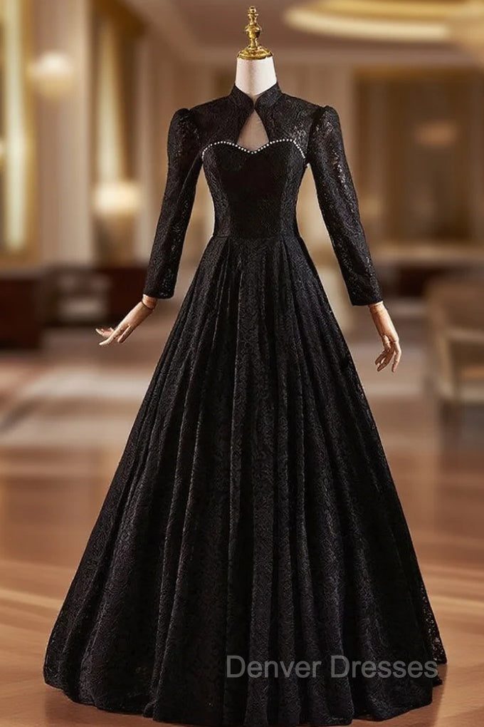 Black Lace Long Sleeve Backless Prom Dress
