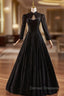 Black Lace Long Sleeve Backless Prom Dress