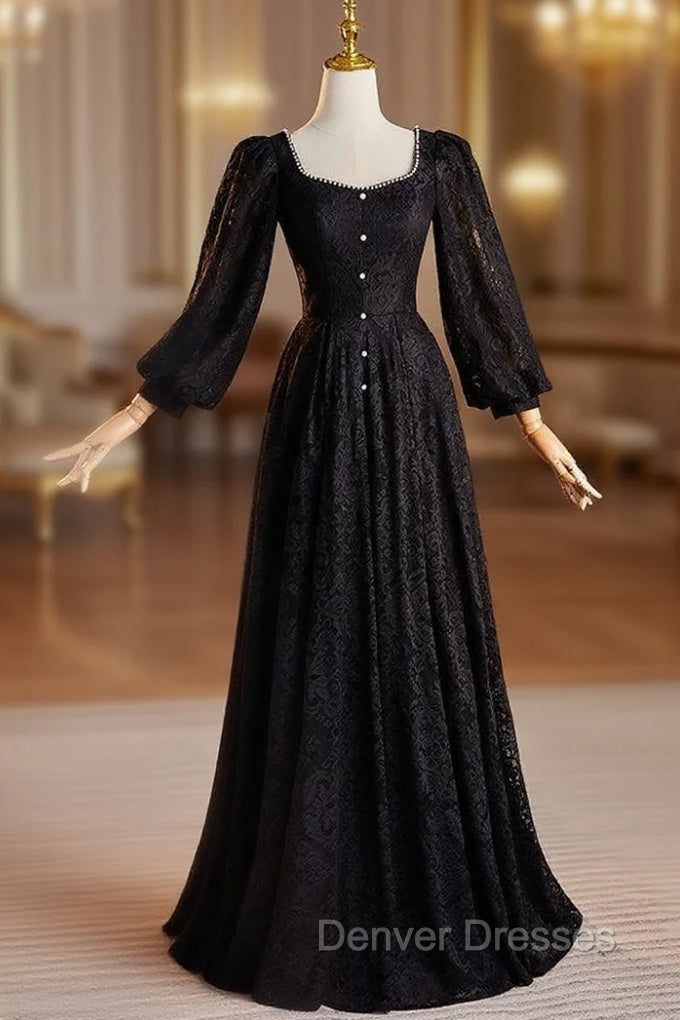 Black Lace Long Sleeve Square Neck Pearls Prom Dress