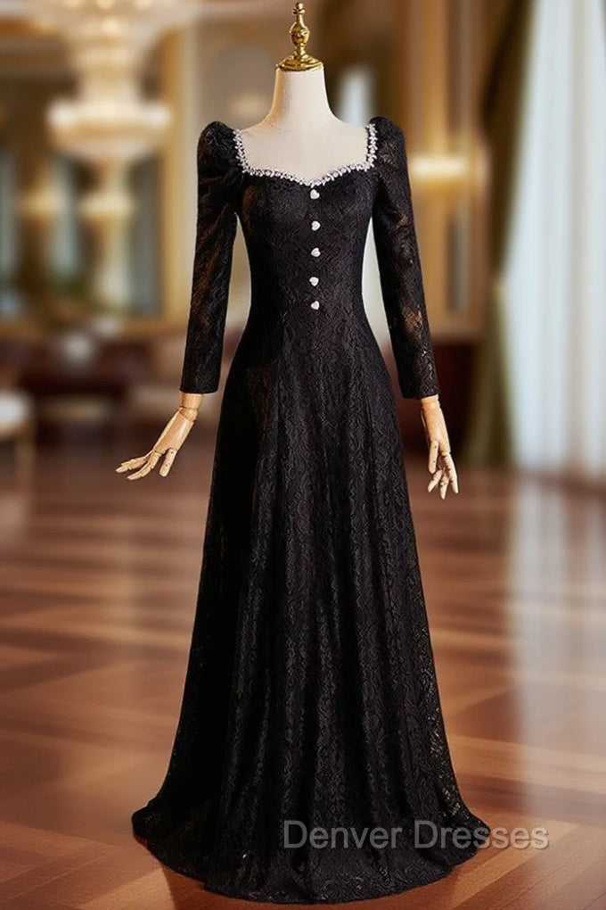 Black Lace Long Sleeve Square Neck Prom Dress Main image