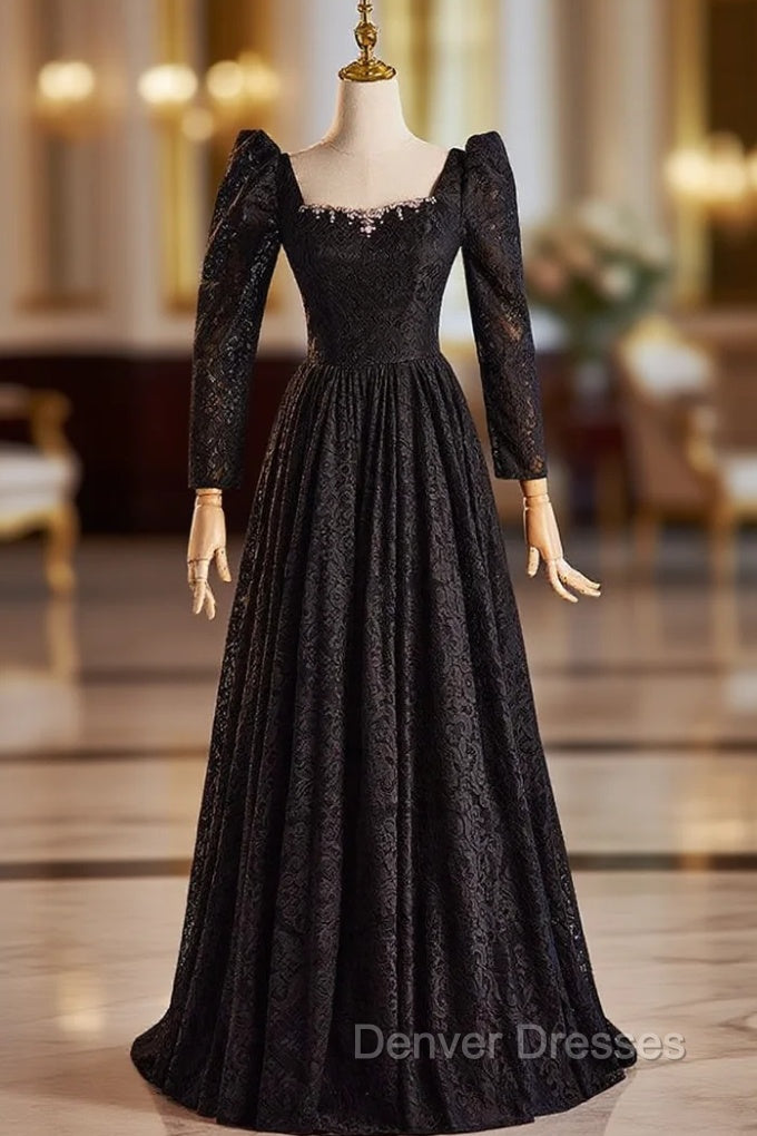 Black Lace Long Sleeve Square Prom Dress