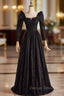 Black Lace Long Sleeve Square Prom Dress