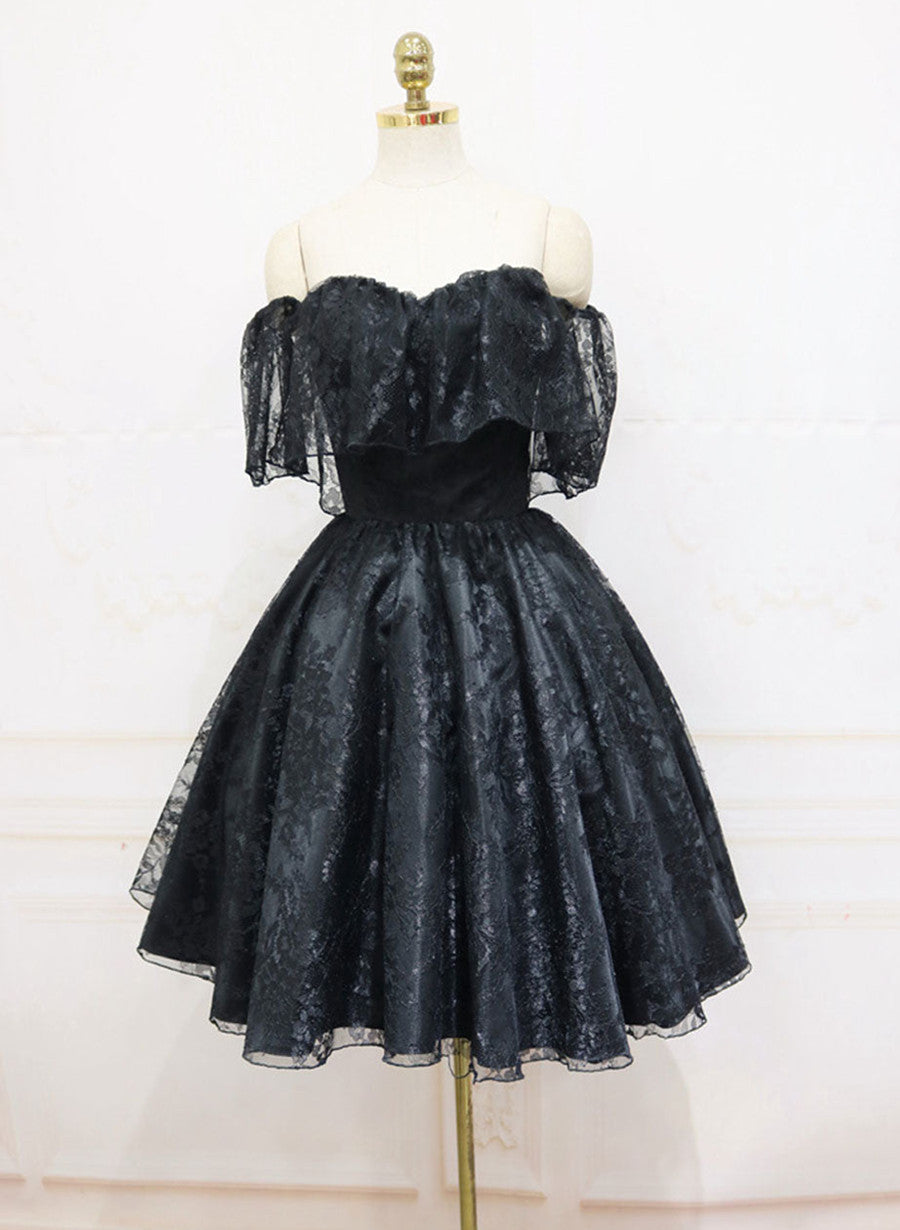 Black Lace Off Shoulder Homecoming Dress, Black Short Prom Dress Main image