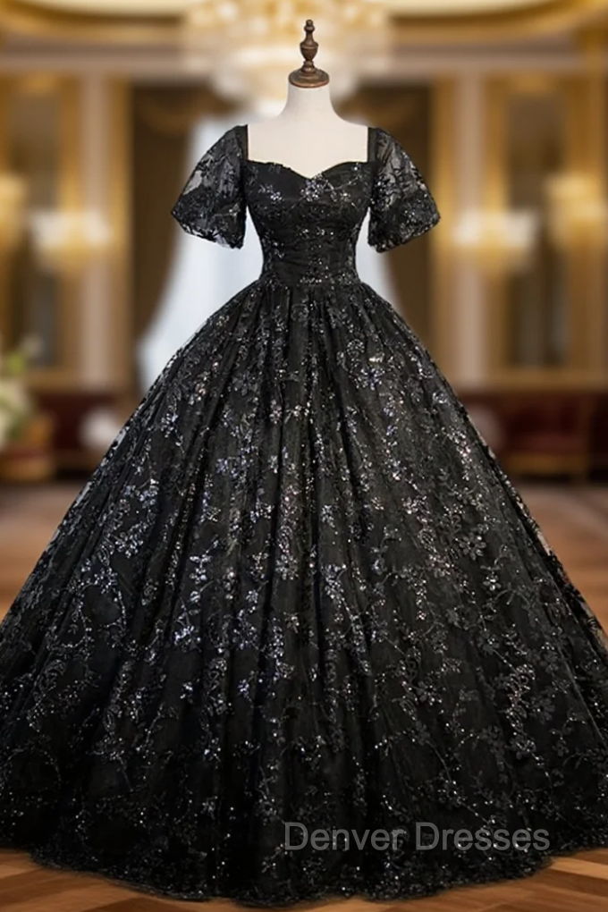Black Lace Sequins Puff Sleeve Quinceanera Dress Main image